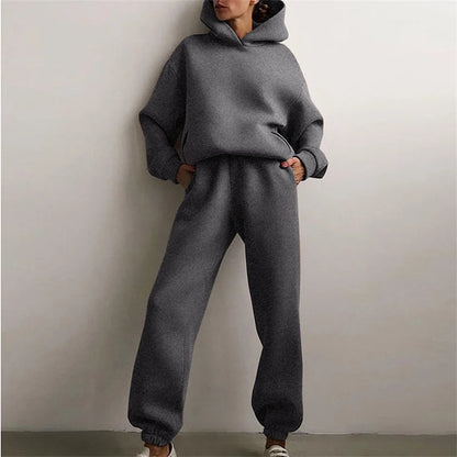 Women's Warm Hoodie Two Piece Oversized Solid Colour Tracksuit