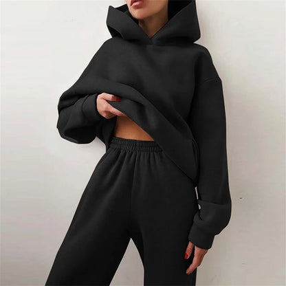 Women's Warm Hoodie Two Piece Oversized Solid Colour Tracksuit