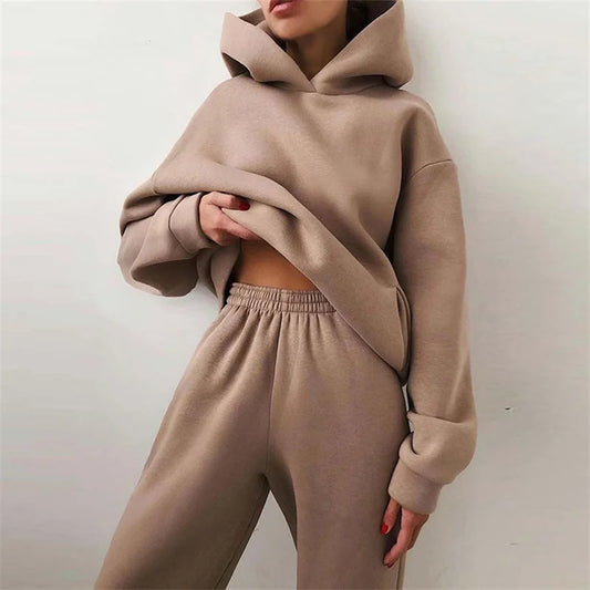 Women's Warm Hoodie Two Piece Oversized Solid Colour Tracksuit