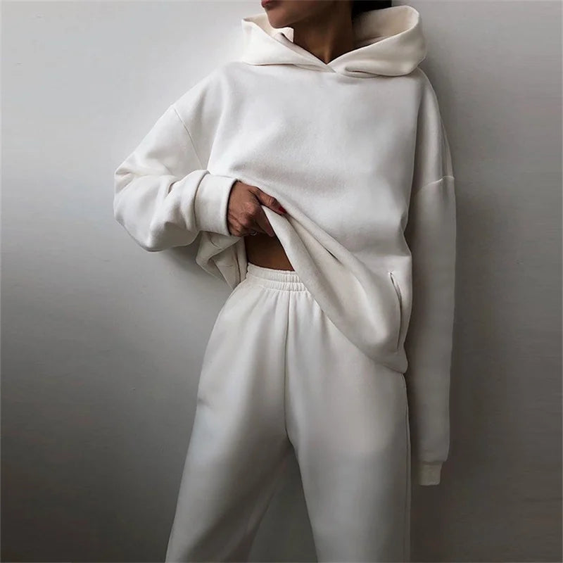 Women's Warm Hoodie Two Piece Oversized Solid Colour Tracksuit