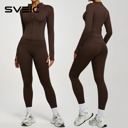 SVEIC Women's Two Piece Tracksuit Yoga Set - Long Sleeve Jacket and High Waisted Leggings
