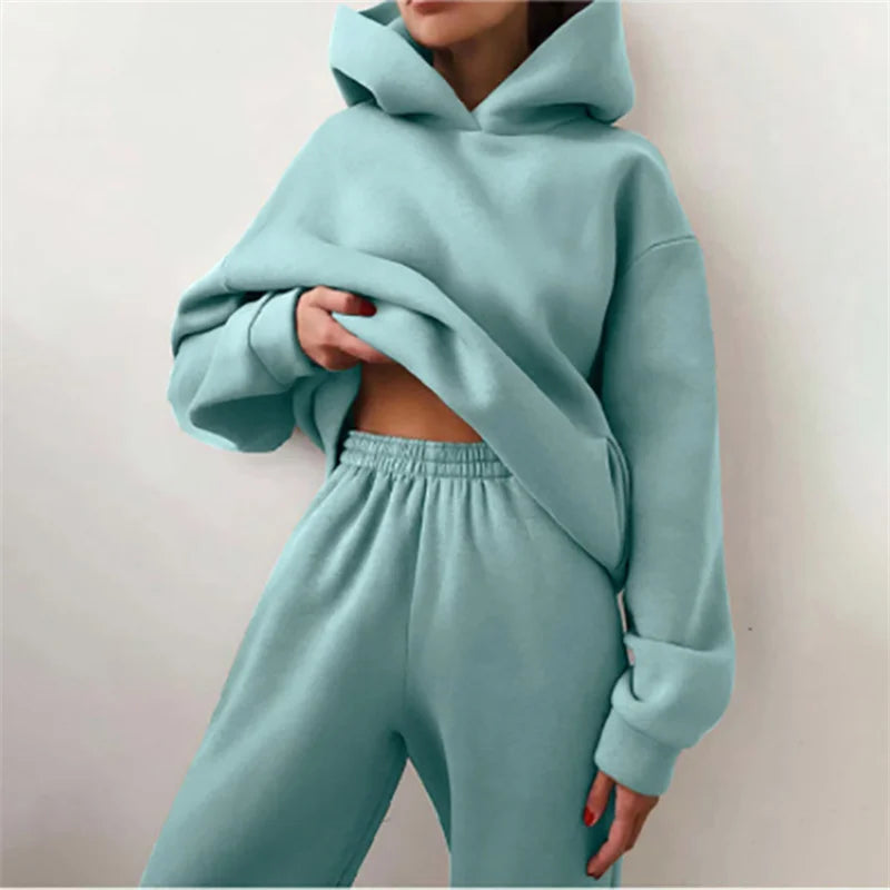 Women's Warm Hoodie Two Piece Oversized Solid Colour Tracksuit