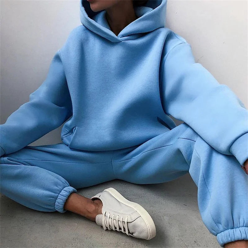 Women's Warm Hoodie Two Piece Oversized Solid Colour Tracksuit