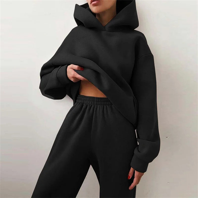 Women's Warm Hoodie Two Piece Oversized Solid Colour Tracksuit